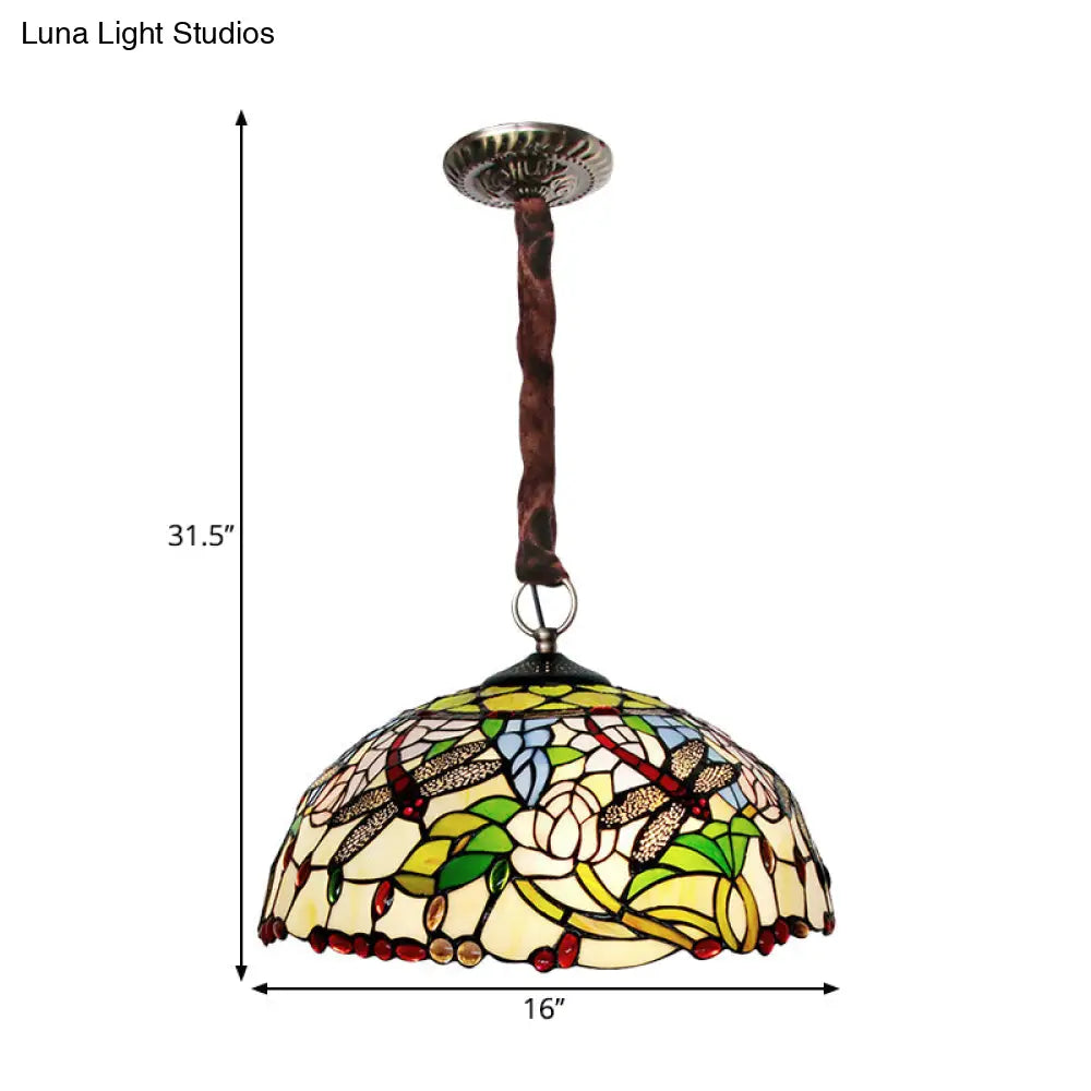 Traditional White Dragonfly And Floral Chandelier - Stained Glass 3-Bulb Downlight With Beaded Deco