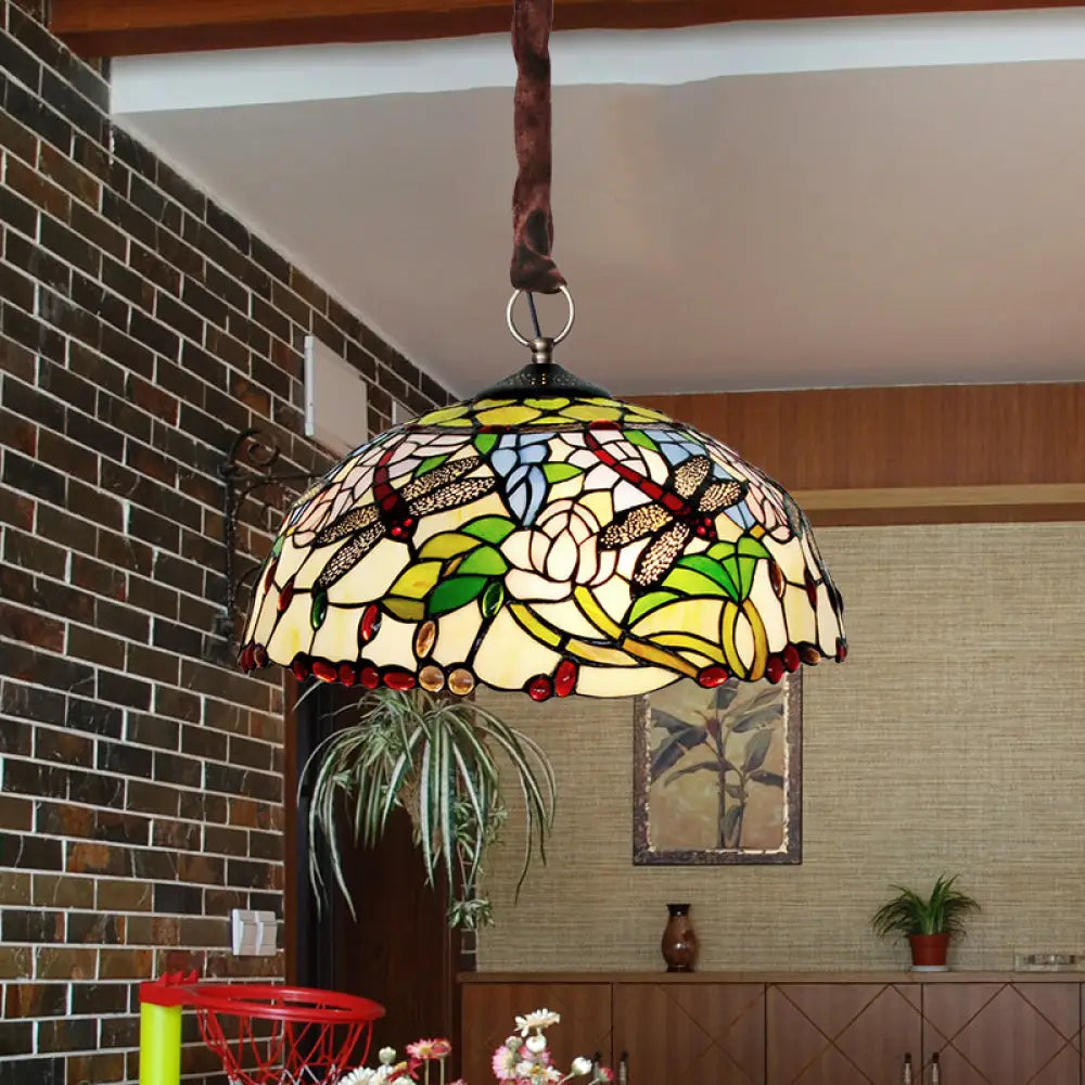 Traditional White Dragonfly And Floral Chandelier - Stained Glass 3-Bulb Downlight With Beaded Deco