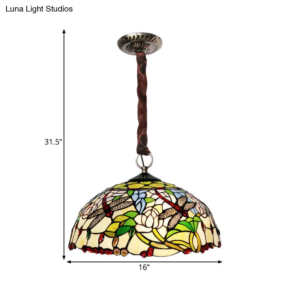 Stained Glass Dragonfly And Floral Chandelier - Elegant 3-Bulb Traditional Down Lighting With Beaded