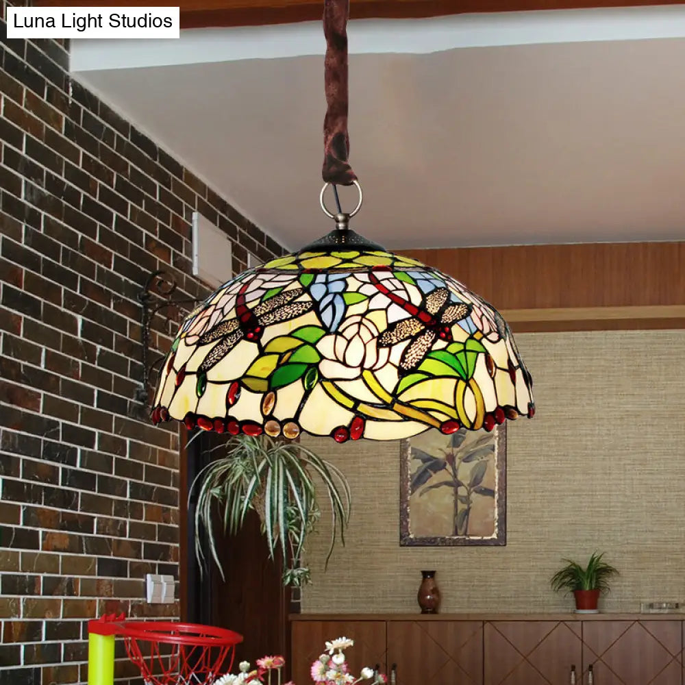 Stained Glass Dragonfly And Floral Chandelier - Elegant 3-Bulb Traditional Down Lighting With Beaded