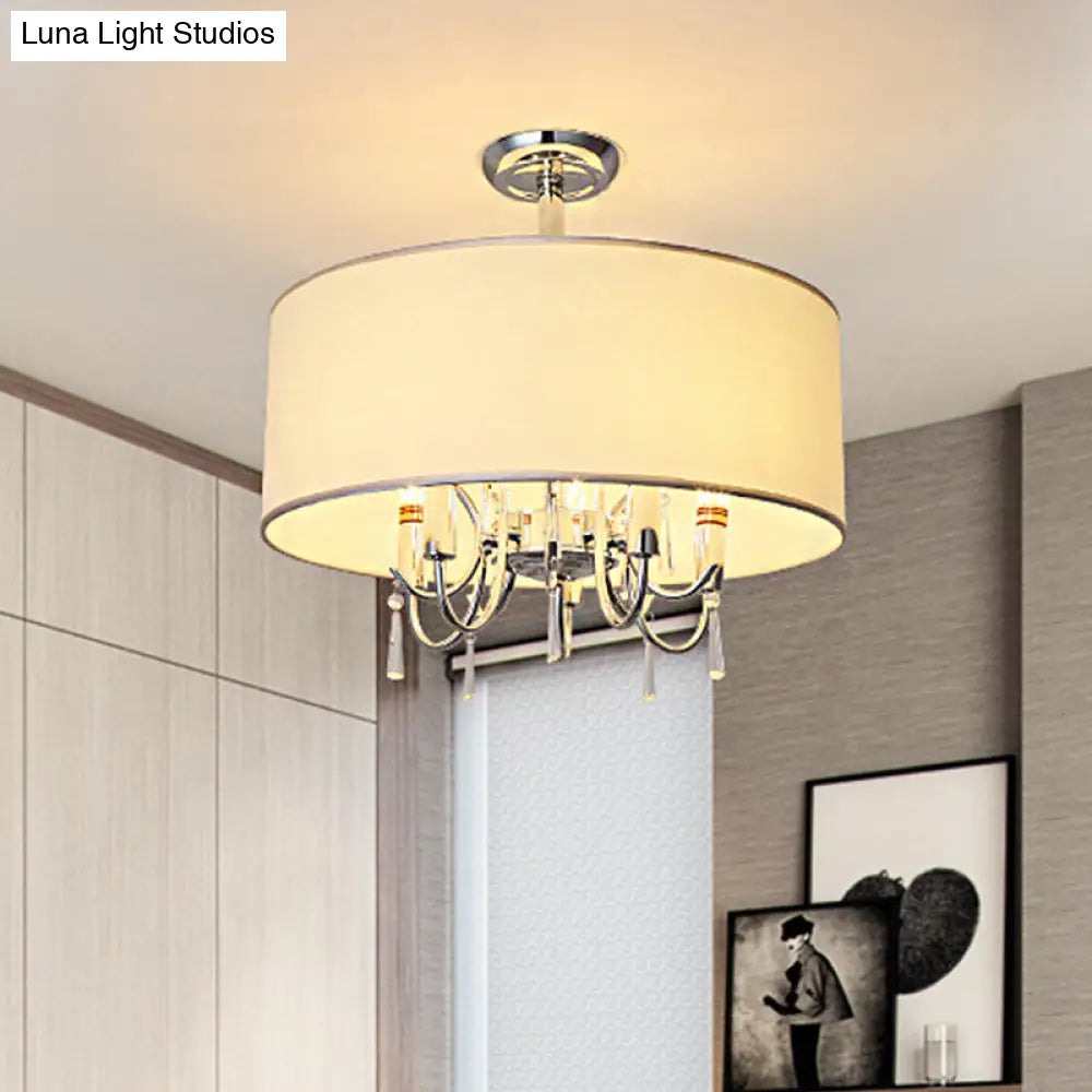 Traditional White Drum Ceiling Light With 5 Paper Semi-Flush-Mounted Bedroom Fixtures