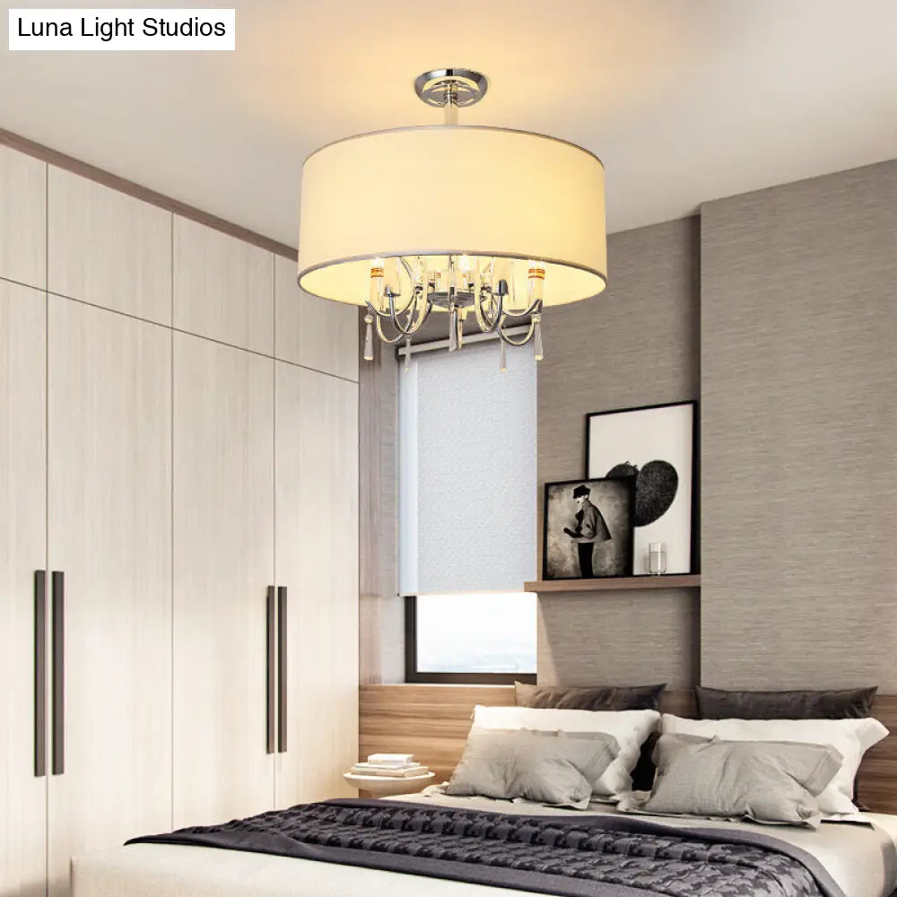 Traditional White Drum Ceiling Light With 5 Paper Semi-Flush-Mounted Bedroom Fixtures