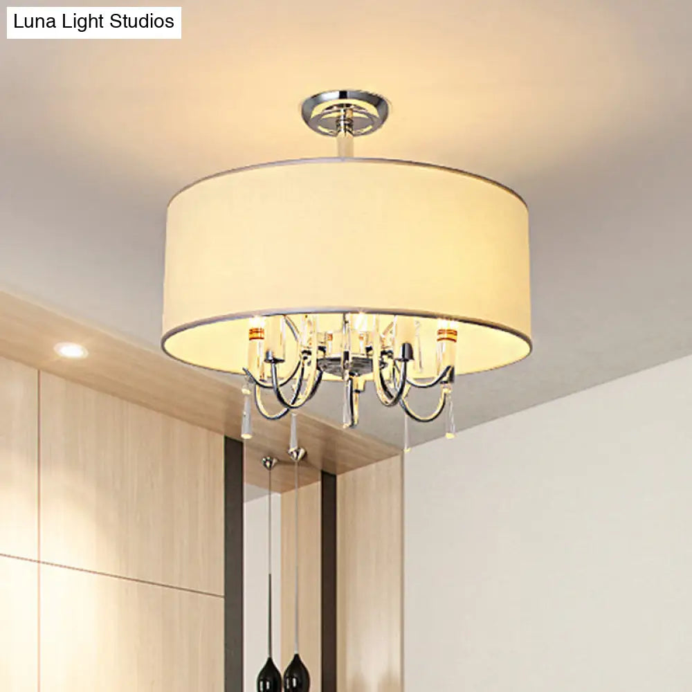 Traditional White Drum Ceiling Light With 5 Paper Semi-Flush-Mounted Bedroom Fixtures