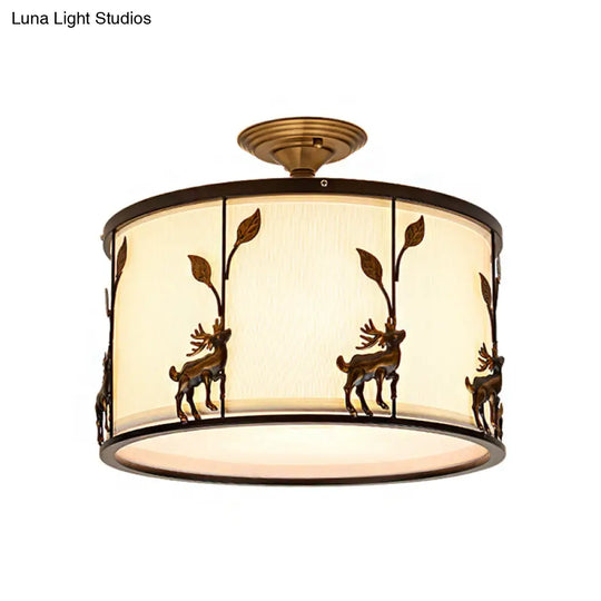 Traditional White Drum Fabric Semi Flush Ceiling Light Fixture - 3 Lights Living Room