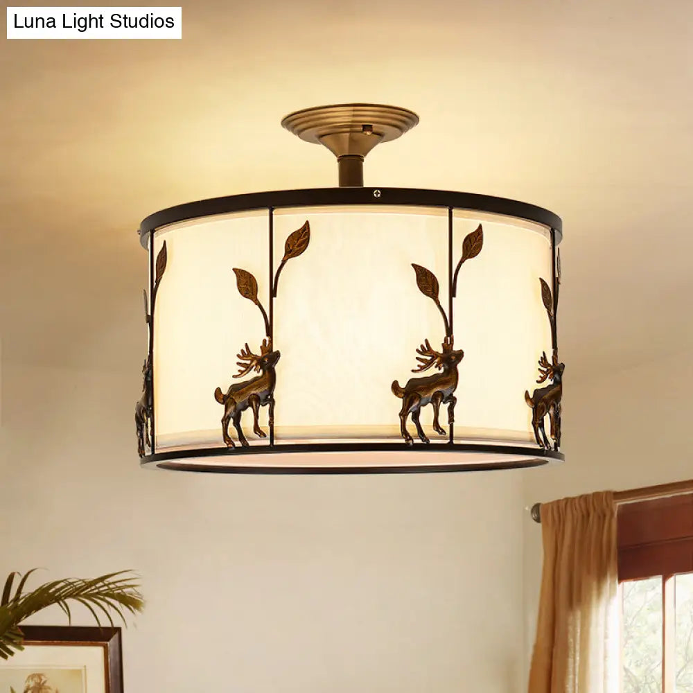 Traditional White Drum Fabric Semi Flush Ceiling Light Fixture - 3 Lights Living Room