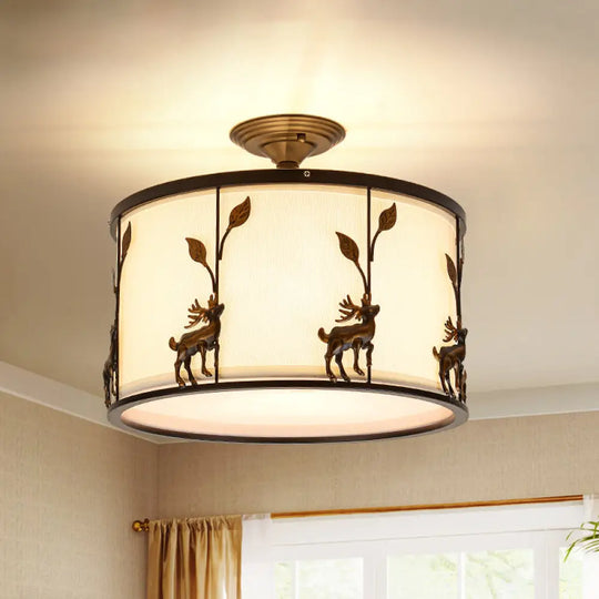 Traditional White Drum Fabric Semi Flush Ceiling Light Fixture - 3 Lights Living Room