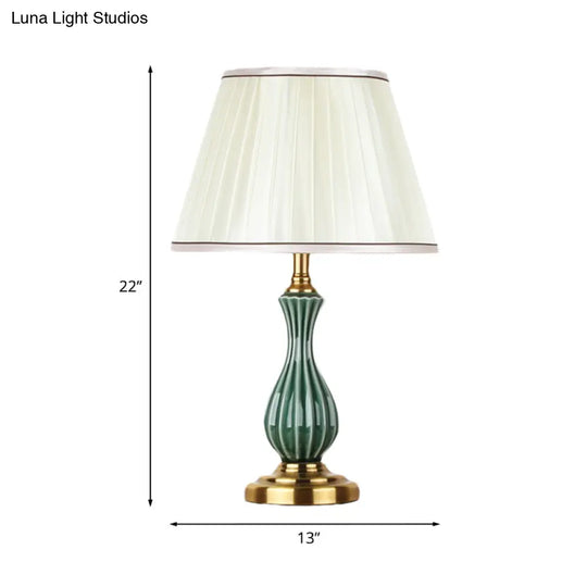 Traditional White Fabric Table Lamp With Ceramic Urn-Shaped Base - Bedroom Nightstand Lighting