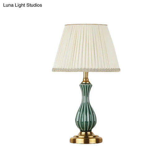 Traditional White Fabric Table Lamp With Ceramic Urn-Shaped Base - Bedroom Nightstand Lighting