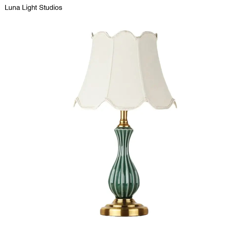 Traditional White Fabric Table Lamp With Ceramic Urn-Shaped Base - Bedroom Nightstand Lighting