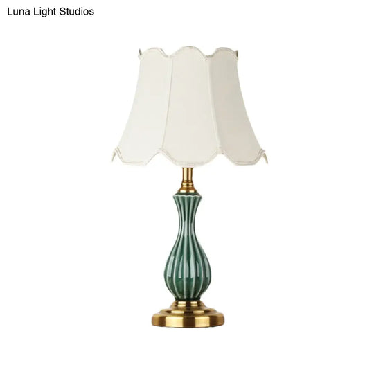 Traditional White Fabric Table Lamp With Ceramic Urn-Shaped Base - Bedroom Nightstand Lighting