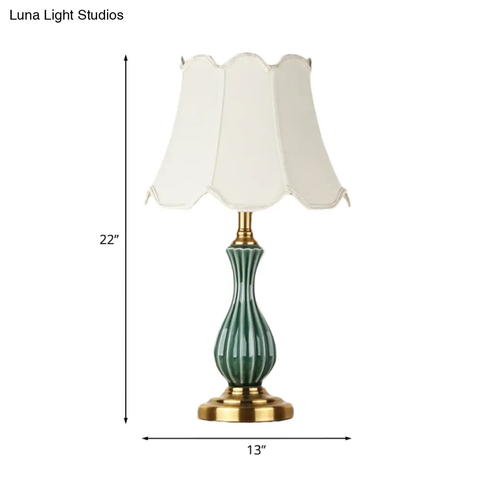 Traditional White Fabric Table Lamp With Ceramic Urn-Shaped Base - Bedroom Nightstand Lighting