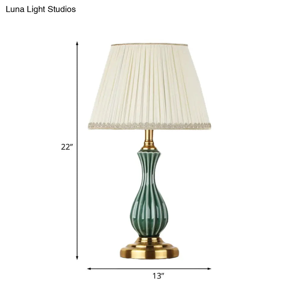 Traditional White Fabric Table Lamp With Ceramic Urn-Shaped Base - Bedroom Nightstand Lighting