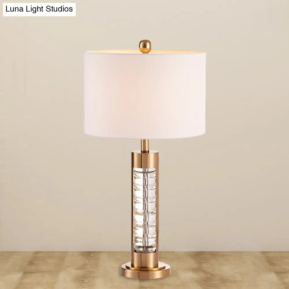 Traditional White Fabric Table Lamp With Gold Metal Base - Round Shade Nightstand Light