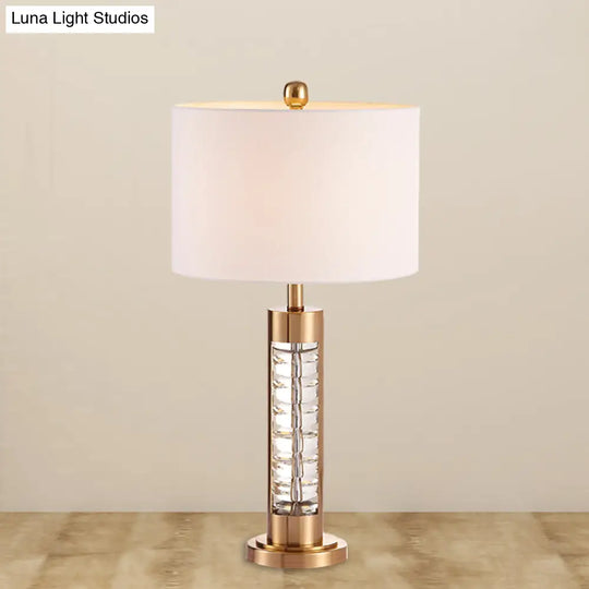 Traditional White Fabric Table Lamp With Gold Metal Base - Round Shade Nightstand Light