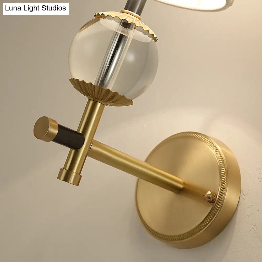 Traditional White Fabric Wall Sconce With Gold Conical Mount Crystal Ball Accent - 1/2 Heads Entry