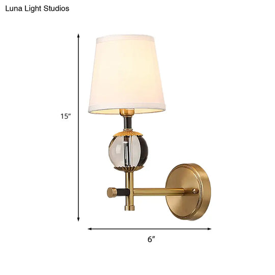 Traditional White Fabric Wall Sconce With Gold Conical Mount Crystal Ball Accent - 1/2 Heads Entry