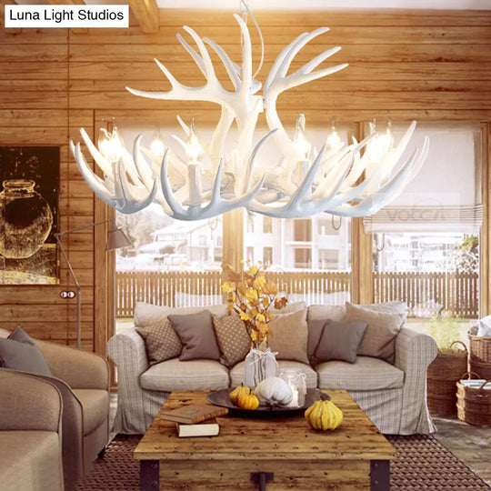 Traditional White Faux Antler Pendant Chandelier - 4/6/9 Heads Resin Ceiling Light For Dining Room