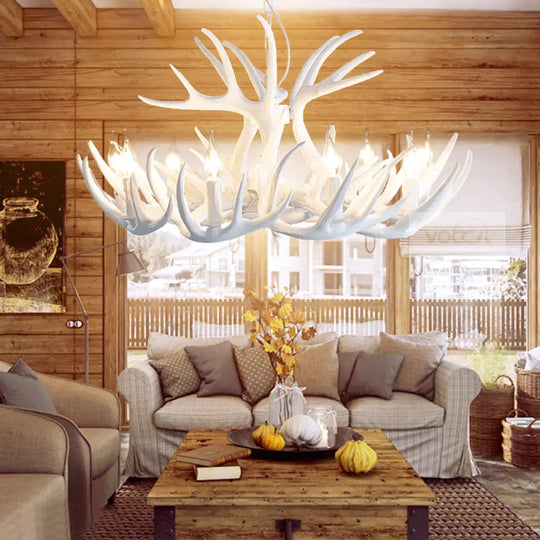 Traditional White Faux Antler Pendant Chandelier - 4/6/9 Heads Resin Ceiling Light For Dining Room 9