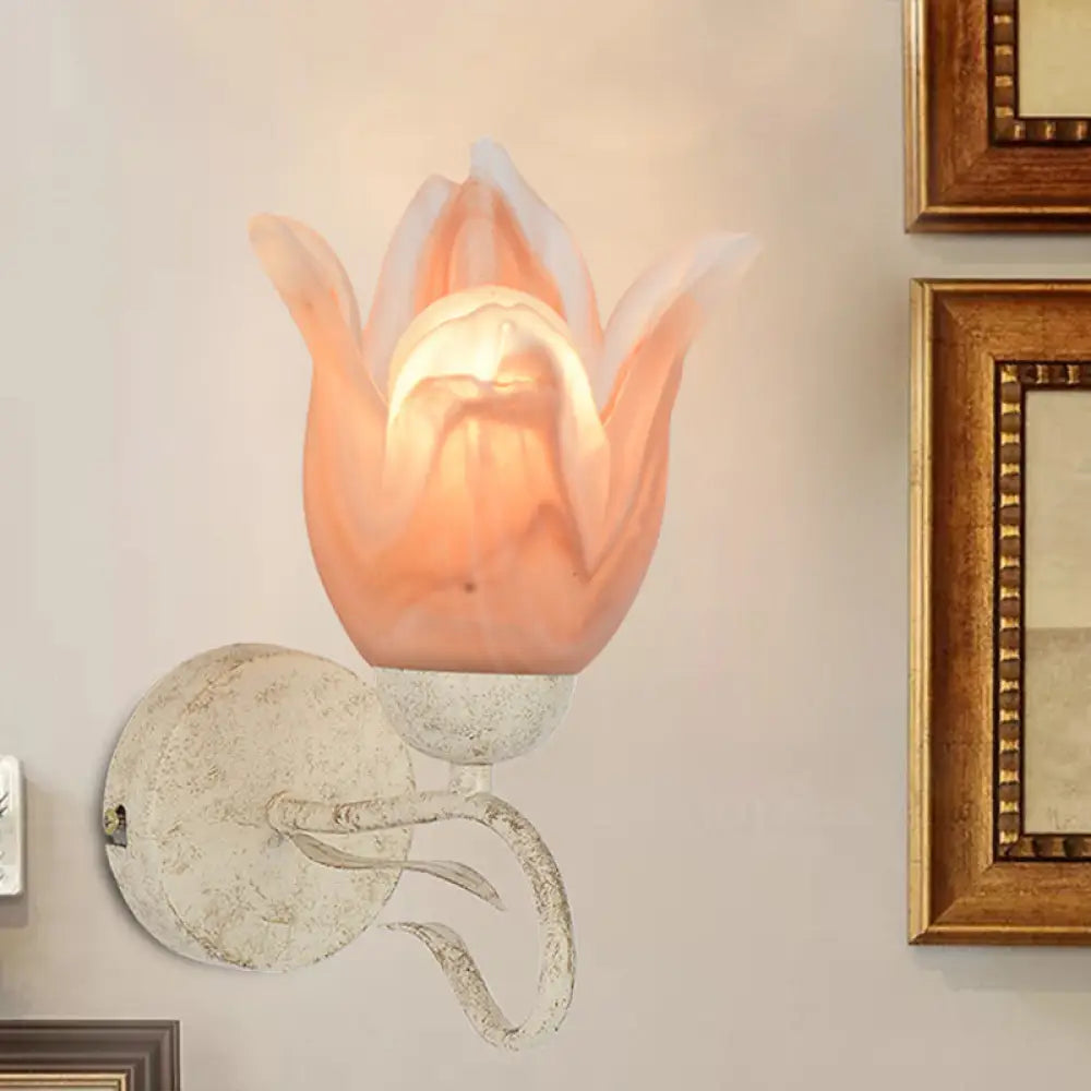 Traditional White Floral Wall Sconce Light With Frosted Glass Elegant 1-Head Lighting For Living