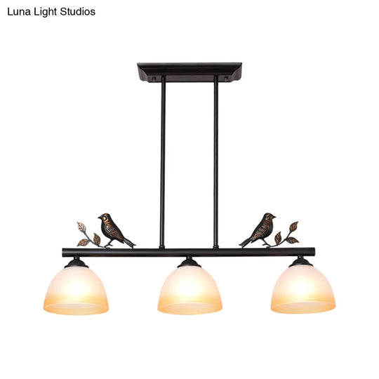 Traditional White Glass Barrel Pendant Light With Birds - 3-Light Black Dining Room Island Fixture