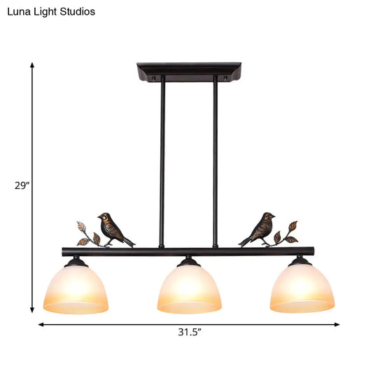 Traditional White Glass Barrel Pendant Light With Birds - 3-Light Black Dining Room Island Fixture