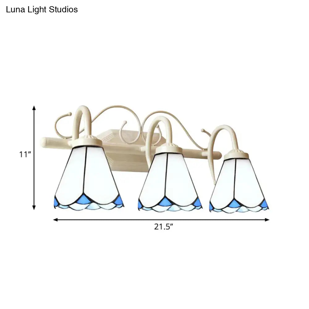 Traditional White Glass Bathroom Wall Sconce Lamp With Curved Arm - 3 Lights