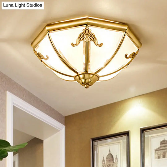 Traditional White Glass Brass Ceiling Chandelier - Flush Mount Umbrella Style With Multiple Bulbs