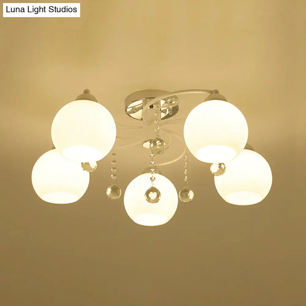 Traditional White Glass Ceiling Lamp With Crystal Draping - 3/5 Head Flush Mount