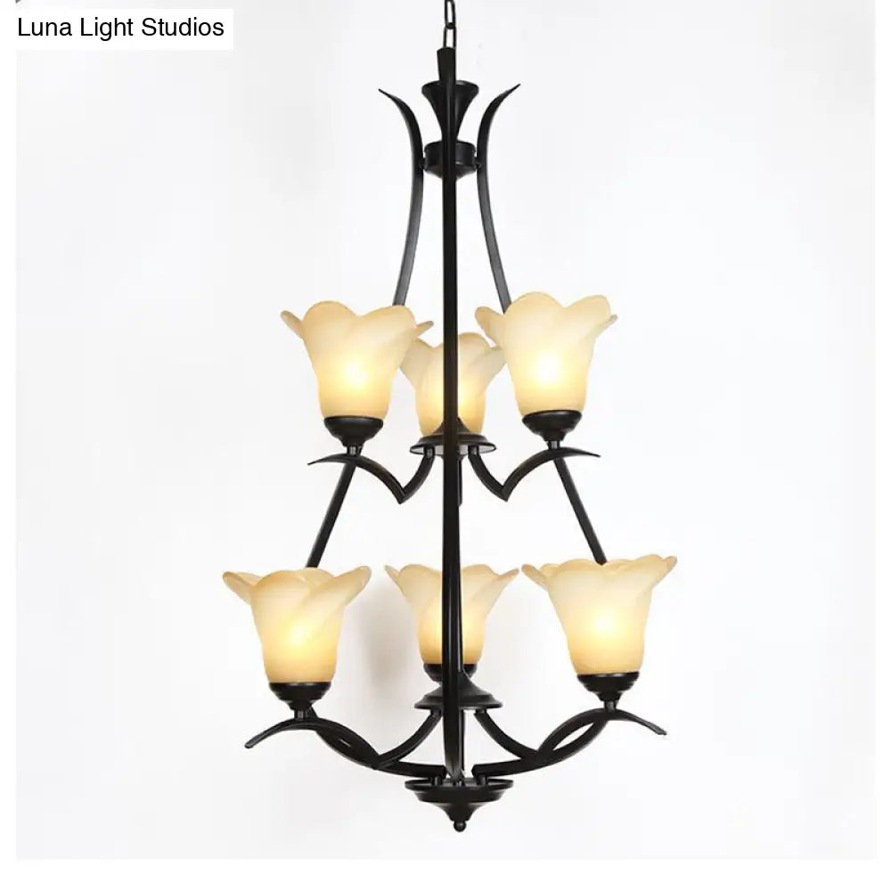 Traditional White Glass Chandelier With 3/6/8 Lights For Living Room Ceiling - Black Finish 6 / 2