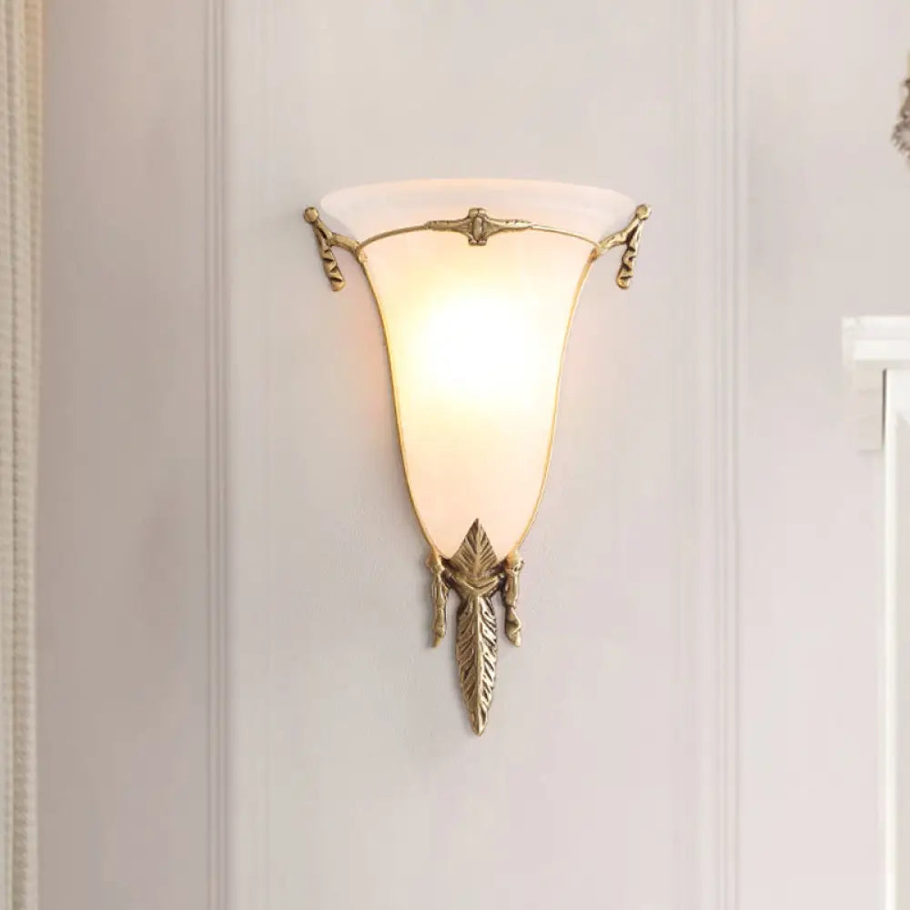 Traditional White Glass Cone Sconce Light - Brass Wall Lamp Fixture For Living Room / 10