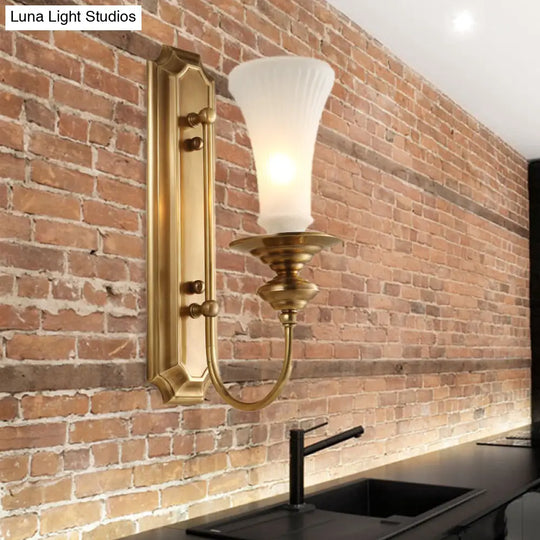 Traditional White Glass Flare Wall Lamp Brass Sconce Light Fixture For Bedroom