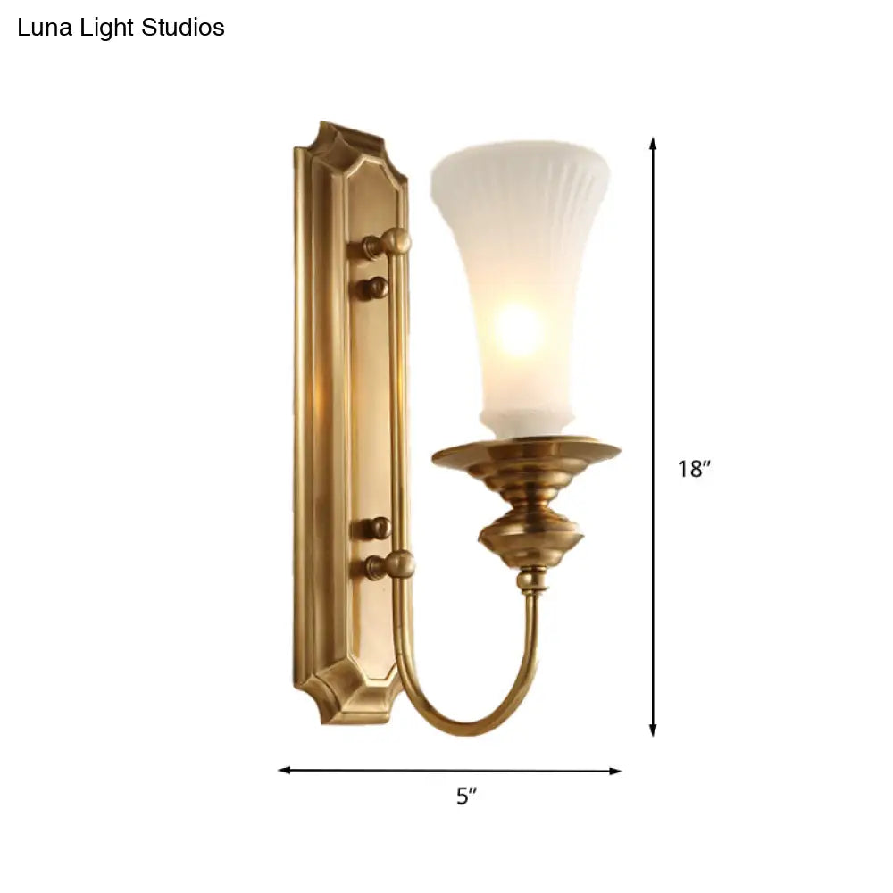 Traditional White Glass Flare Wall Lamp Brass Sconce Light Fixture For Bedroom