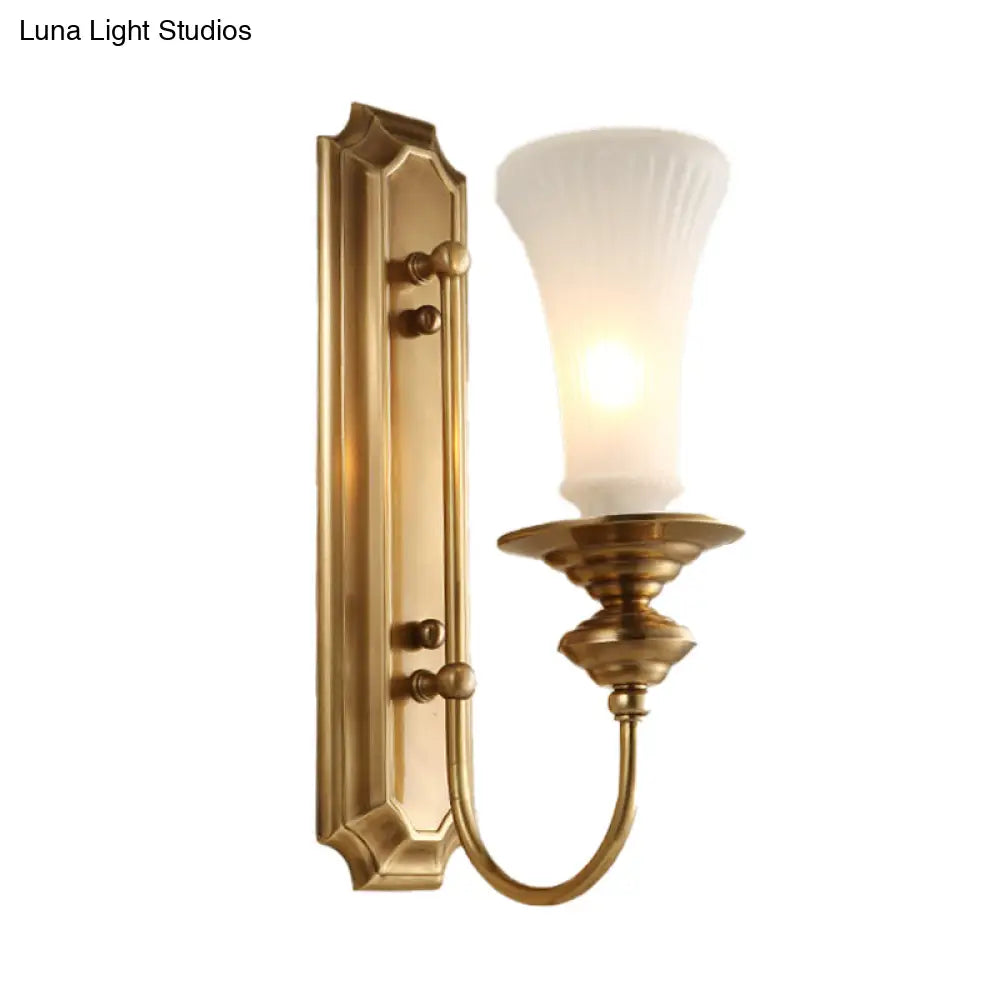 Traditional White Glass Flare Wall Lamp Brass Sconce Light Fixture For Bedroom