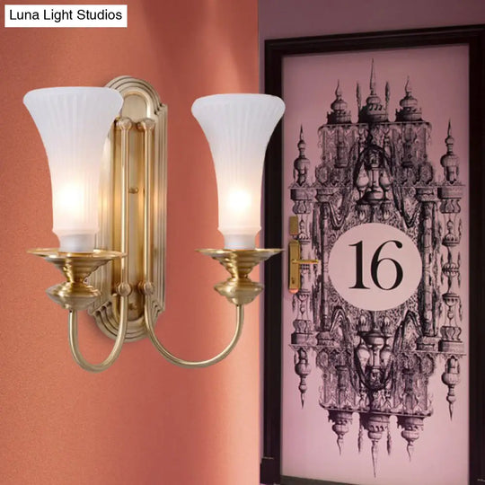 Traditional White Glass Flare Wall Lamp Brass Sconce Light Fixture For Bedroom