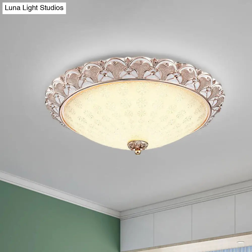 Traditional White Glass Led Flush Mount With Carved Trim – Bowl - Shaped Bedroom Beige Flushmount