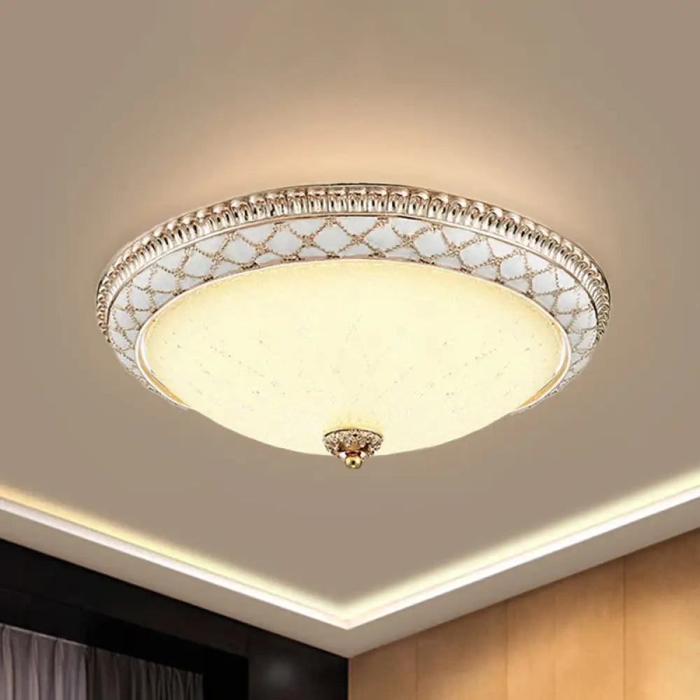 Traditional White Glass Led Flush Mount With Carved Trim – Bowl - Shaped Bedroom Beige Flushmount