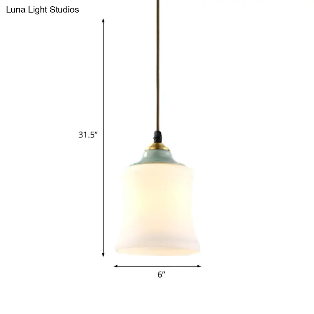 Traditional White Glass Pendant Lamp With Ceramic Top For Restaurants - Tulip/Bell Style