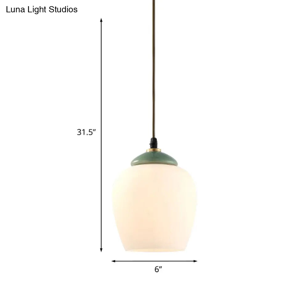 Traditional White Glass Pendant Lamp With Ceramic Top For Restaurants - Tulip/Bell Style