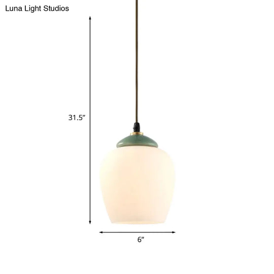 Traditional White Glass Pendant Lamp With Ceramic Top For Restaurants - Tulip/Bell Style