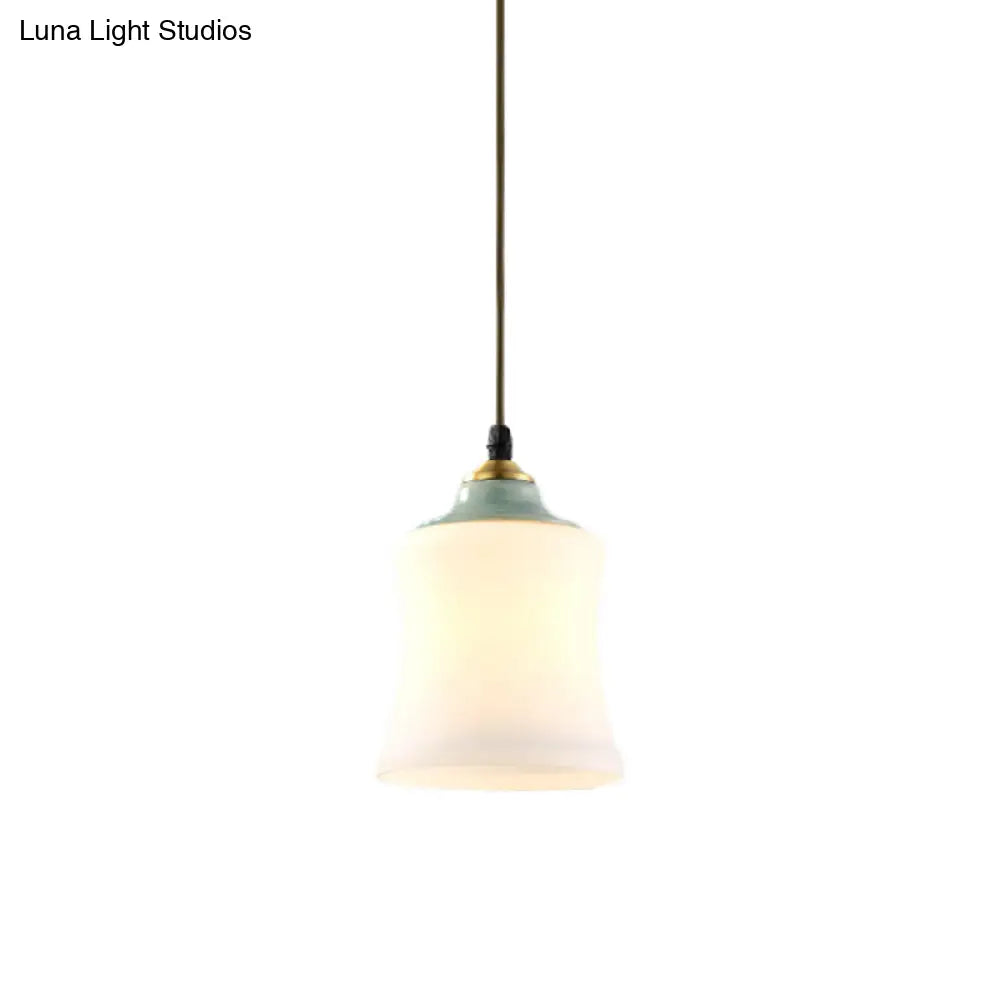 Traditional White Glass Pendant Lamp With Ceramic Top For Restaurants - Tulip/Bell Style