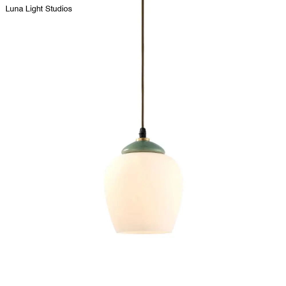 Traditional White Glass Pendant Lamp With Ceramic Top For Restaurants - Tulip/Bell Style