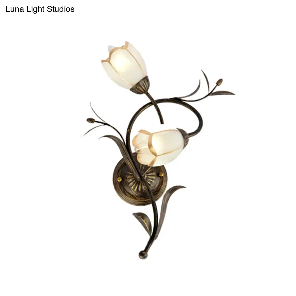 Traditional White Glass Sconce Lamp - 2 Heads Floral Shape Wall Lighting With Metal Backplate