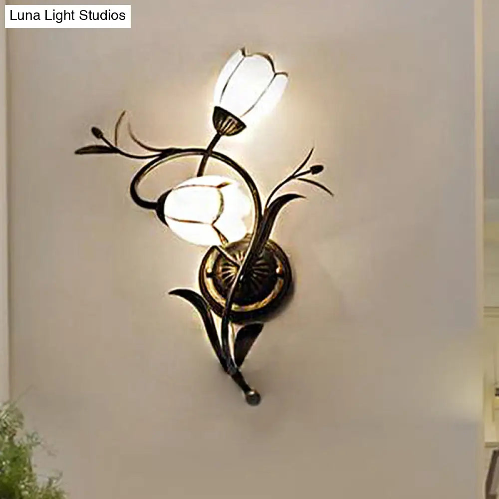 Traditional White Glass Sconce Lamp - 2 Heads Floral Shape Wall Lighting With Metal Backplate