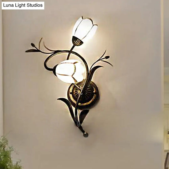 Traditional White Glass Sconce Lamp - 2 Heads Floral Shape Wall Lighting With Metal Backplate