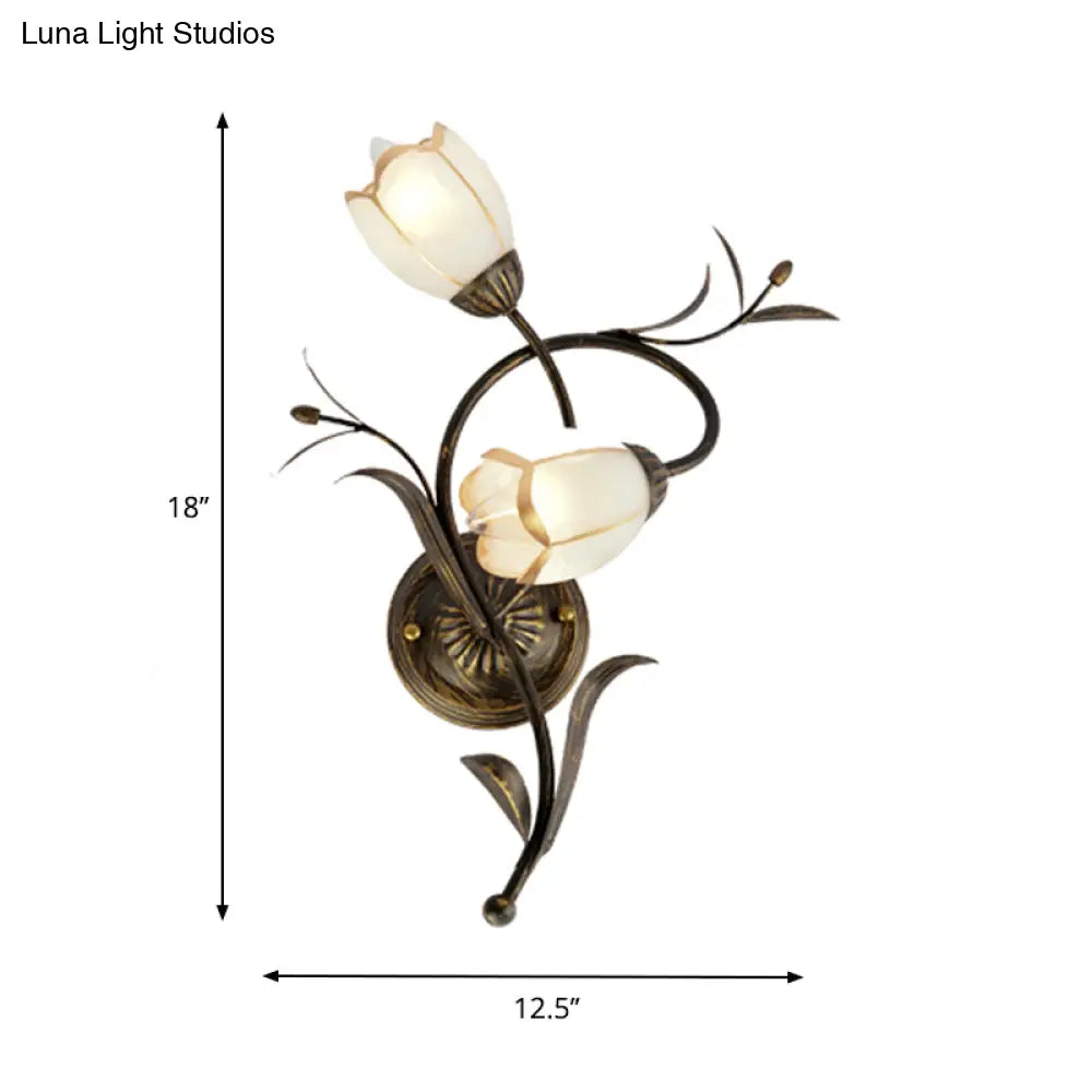 Traditional White Glass Sconce Lamp - 2 Heads Floral Shape Wall Lighting With Metal Backplate