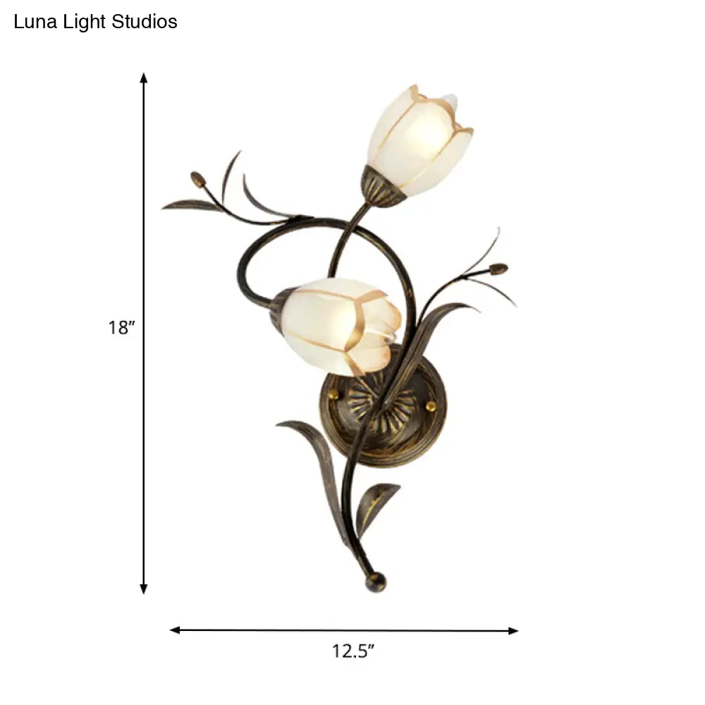 Traditional White Glass Sconce Lamp - 2 Heads Floral Shape Wall Lighting With Metal Backplate