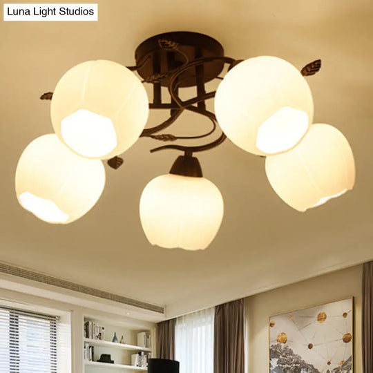 Traditional White Glass Semi Flush Ceiling Light For Living Room - 1 Globe Fixture