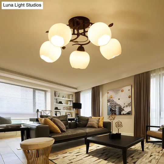 Traditional White Glass Semi Flush Ceiling Light For Living Room - 1 Globe Fixture