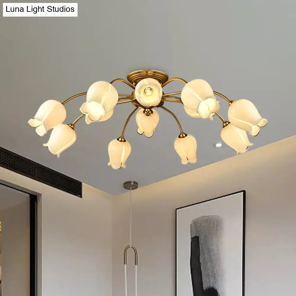 Traditional White Glass Semi-Flush Petal Ceiling Light With 12 Lights / A