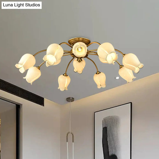 Traditional White Glass Semi-Flush Petal Ceiling Light With 12 Lights / A